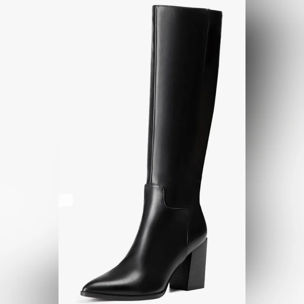 vivianly Women's Wide Knee-High Boots, Pointed Toe Block Heel Zipper, Fashion - Picture 4 of 7